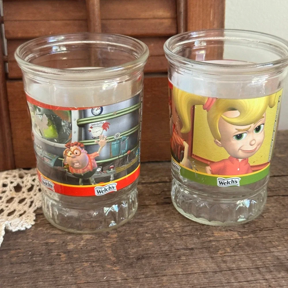 Welch's Jimmy Neutron Boy Genius Jelly Jar Glasses Set of 2 Vintage 2002 Nick
